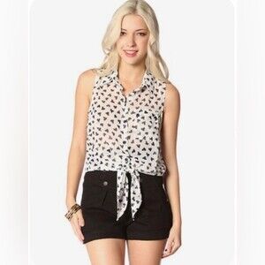 Black and white heart print tie waist chiffon blouse size small